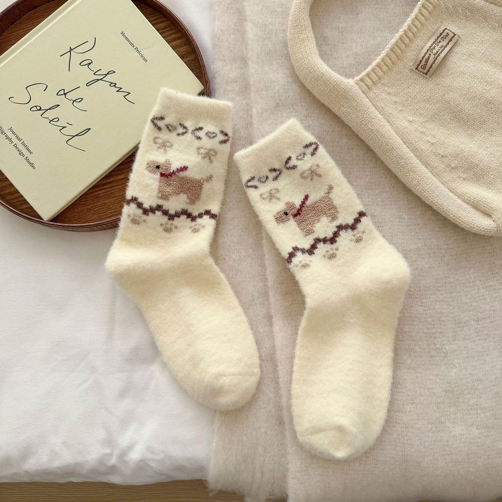 Vintage Australian Velvet Puppy Socks Color-Blocked Warm And Thick Stacked Socks Versatile Tube Socks