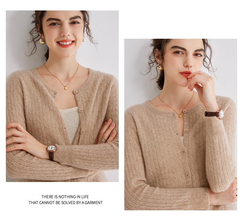Women's Gold Sand Cashmere Cardigan - Twisted Cable Knit, Round Neck, Striped, Slim Fit, Autumn/Winter Sweater.