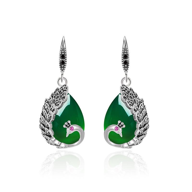 Ethnic Style Peacock Chalcedony Drop Earrings For Women Vintage Thai Silver Water Drop Green Agate Earring Party Palace Jewelry