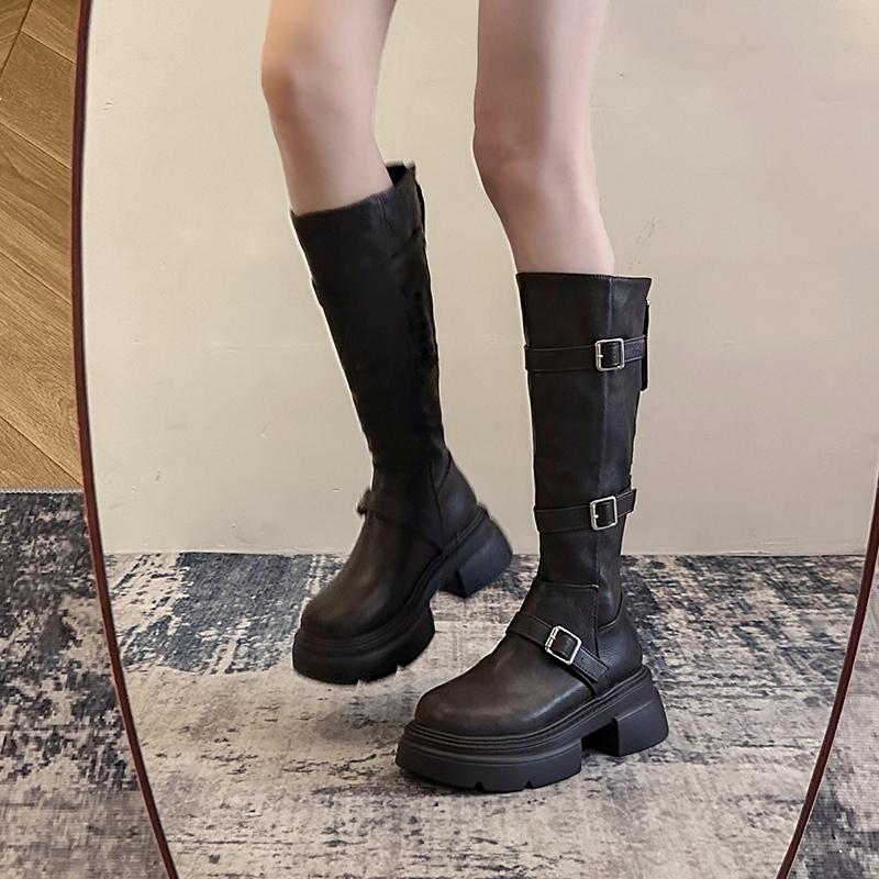 Punk Style Thick Heel Woman Knee High Boots Fashion Belt Buckle Zippers Shoes Female Knight Booties Shoes