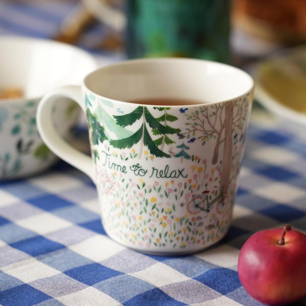 NARUMI Anna Emilia to Green Floral Cute Nordic Gift Mug, 340cc, "Time Relax" Design, Design, Large, Microwave-Safe, Dishwasher-Safe, Boxed,