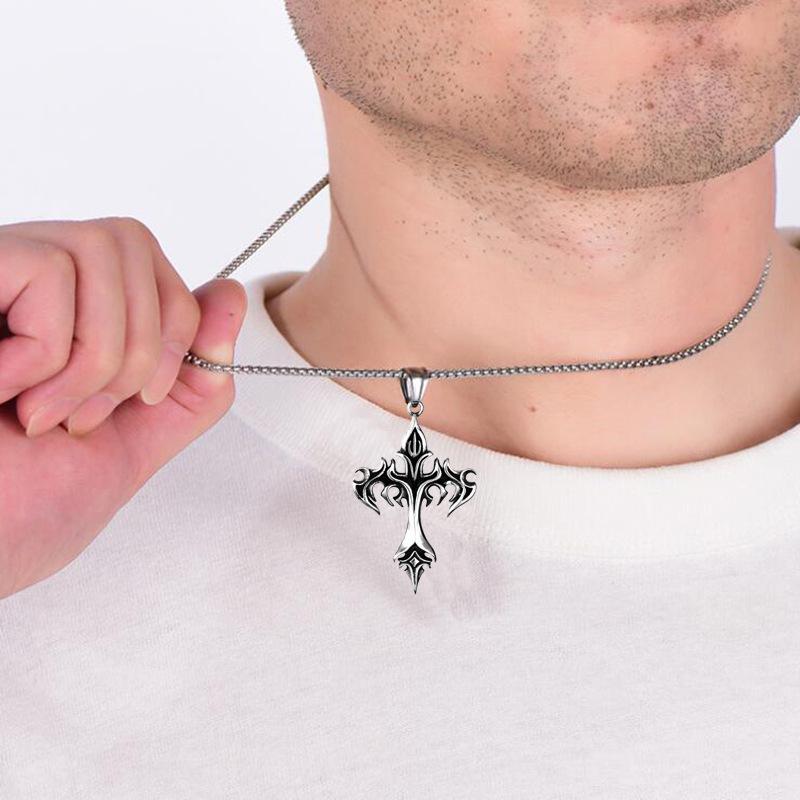 Men's Creative Cross Flame Pendant Stainless Steel Necklace - European & American Punk Style