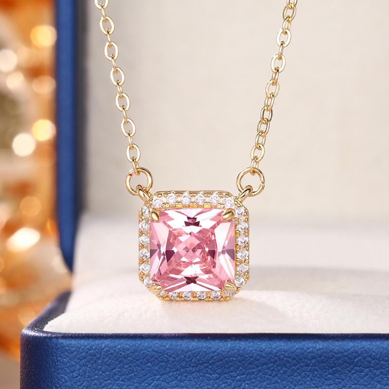 Huitan Square-shaped Pink Cubic Zirconia Pendent Necklace for Women Engagement Wedding Party Luxury Trendy New Necklace Jewelry