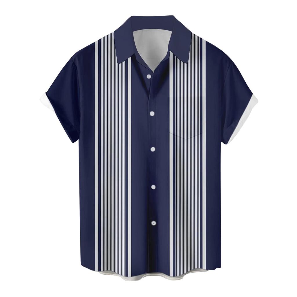Men Short Sleeve Button Down Shirt Vertical Stripe Print Lapel Collar Casual Loose Fit Summer Top
