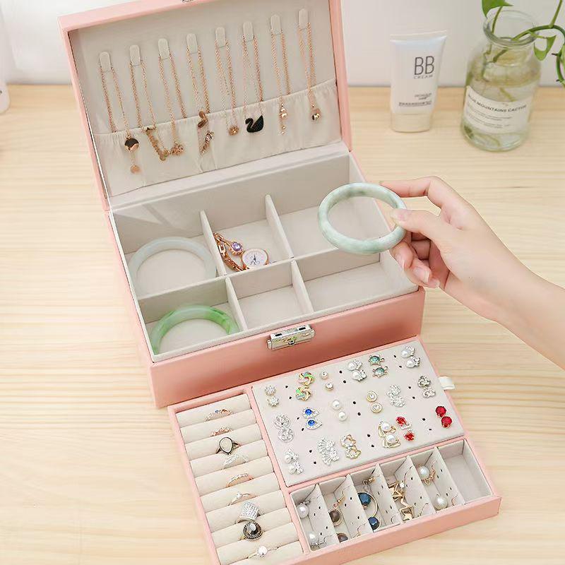 Organizator de Bijuterii Premium cu Trei Straturi cu Sertare pentru Coliere, Cercei, Accesorii și Aur - Depozitare cu Capacitate Mare