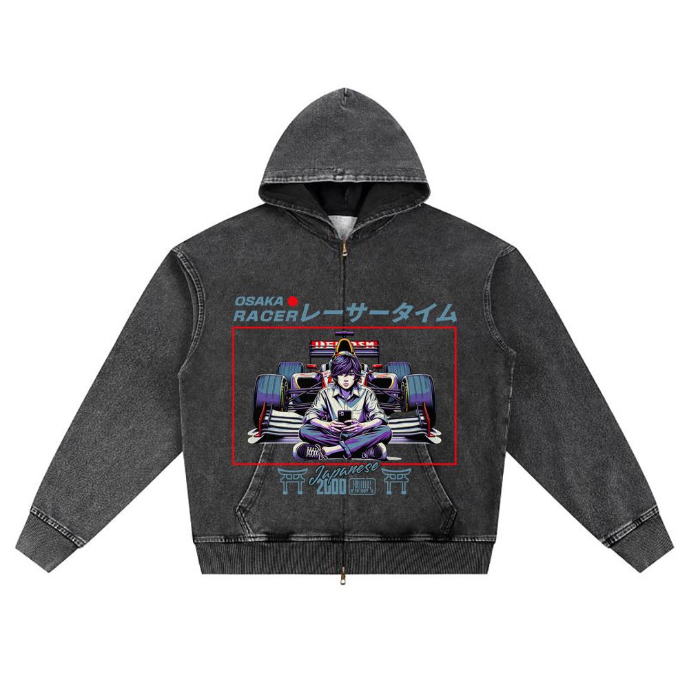 

DTG print Knitted Denim Zip-Up Hoodie Osaka Racer Brother Print Zipper Hoodies S