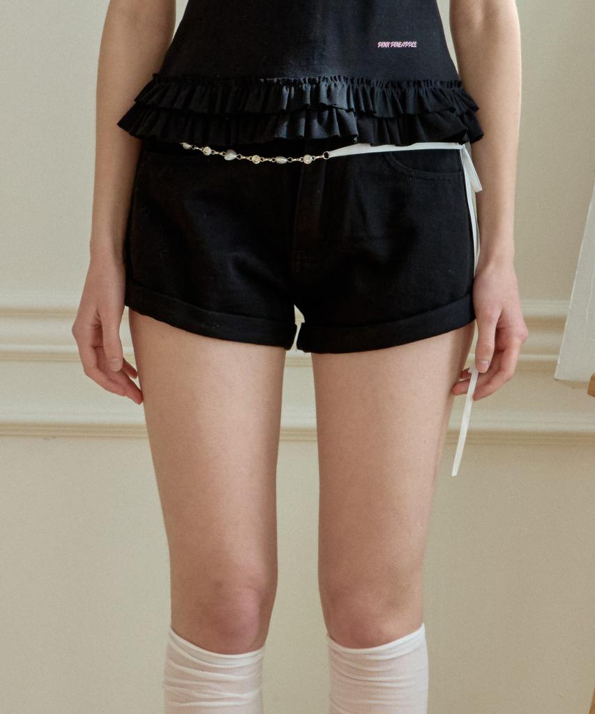 PINK PINEAPPLE Bloom Denim Shorts_Black