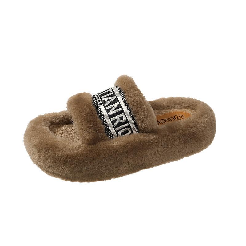

Foreign trade new one-word Mao Mao drag women wear 2025 autumn and winter thick-bottomed letter round cotton slippers 40
