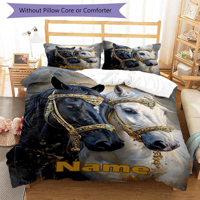 3pcs Custom Name Horse Bedding Set Duvet Cover Closure Includes 1 Duvet Cover & 2 Pillowcases, Soft and Comfortable for All Seasons.