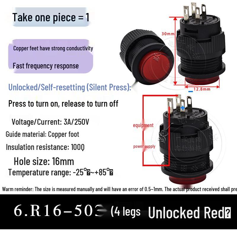 

R16-503 Push Button Switch with Light: Self-Locking/Resetting, Red/Yellow/Green/White, 4-Pin/2-Pin Options