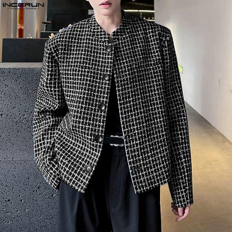 INCERUN Autumn Elegant  Men Long Sleeve Casual Plaid Buttons Texture Jackets Coats