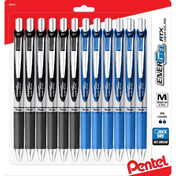 Pentel Energel 0.7 mm Rtx Retractable, 6 Black & 6 Blue Ink Pens Metal Tip, Medium Point Energel Liquid Gel Ink Pens 0.7 mm. Pack of 12
