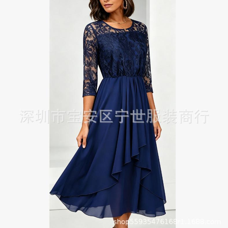 European and American New Lace Splicing Seven-quarter-sleeved Chiffon Irregular Hem Dress In Stock