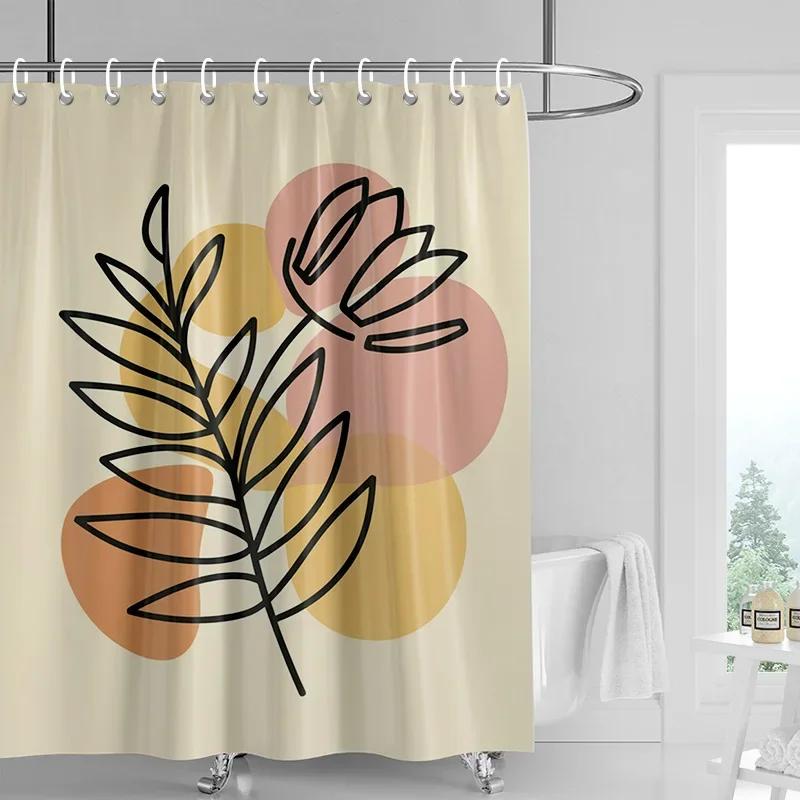 וילון מקלחת מורנדי צבעוני מופשט דמות צמח עמיד למים עמיד בפני טחב בסגנון נורדי וילון מקלחת דקורטיבי לחדר אמבטיה