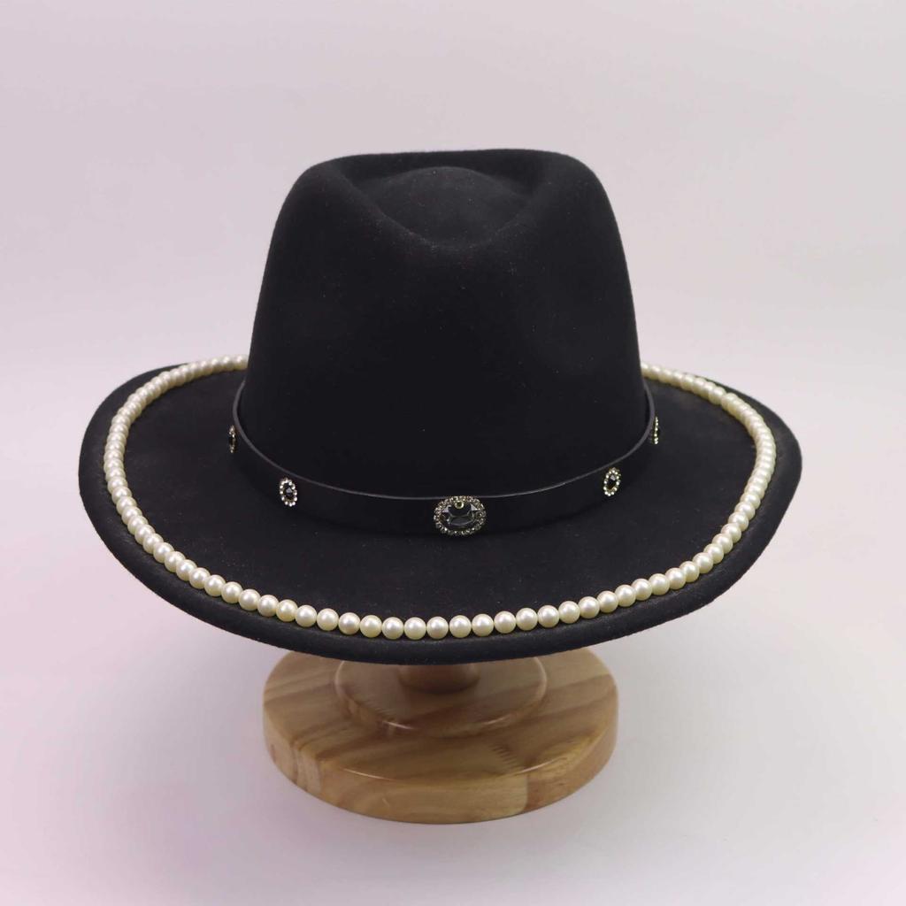 European and American Woolen Hat Ethnic Style Jazz Hat Pearl Accessories Retro Black Denim Top Hat