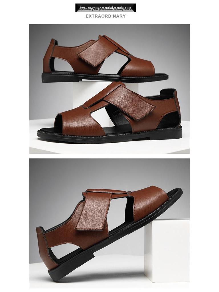 Men's 2024 Open-Toe Roman Sandals: Trendy, Breathable Cowhide Beach Shoes
