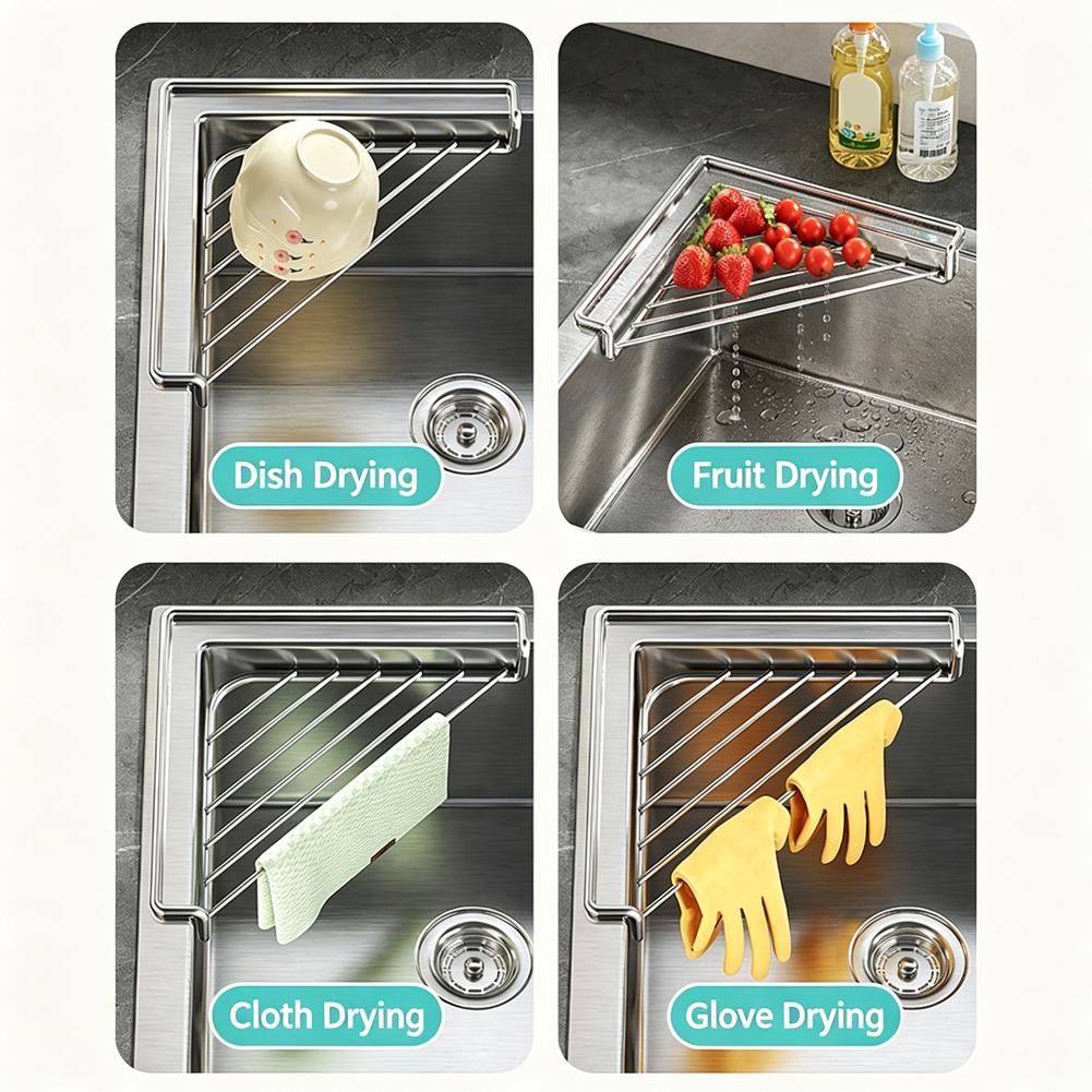 Triangle Sink Corner Rack Punch-free Anti-rust Sponge Drying Rack Hollowed Space Saving Sink Drain Shelf Kitchen Tool