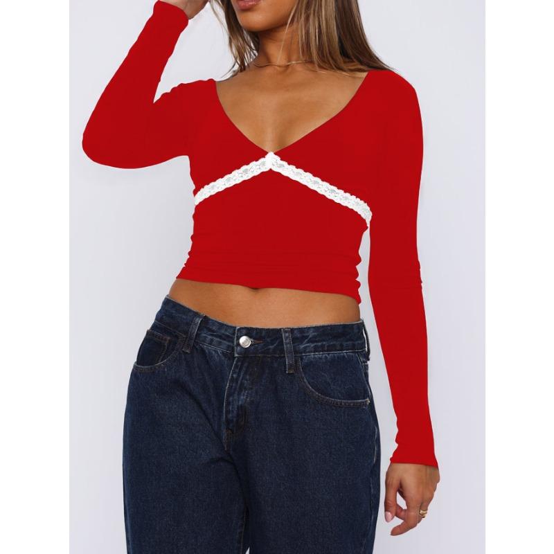 Women's Y2k Slim Lace Spliced U-neck Long-sleeved Top