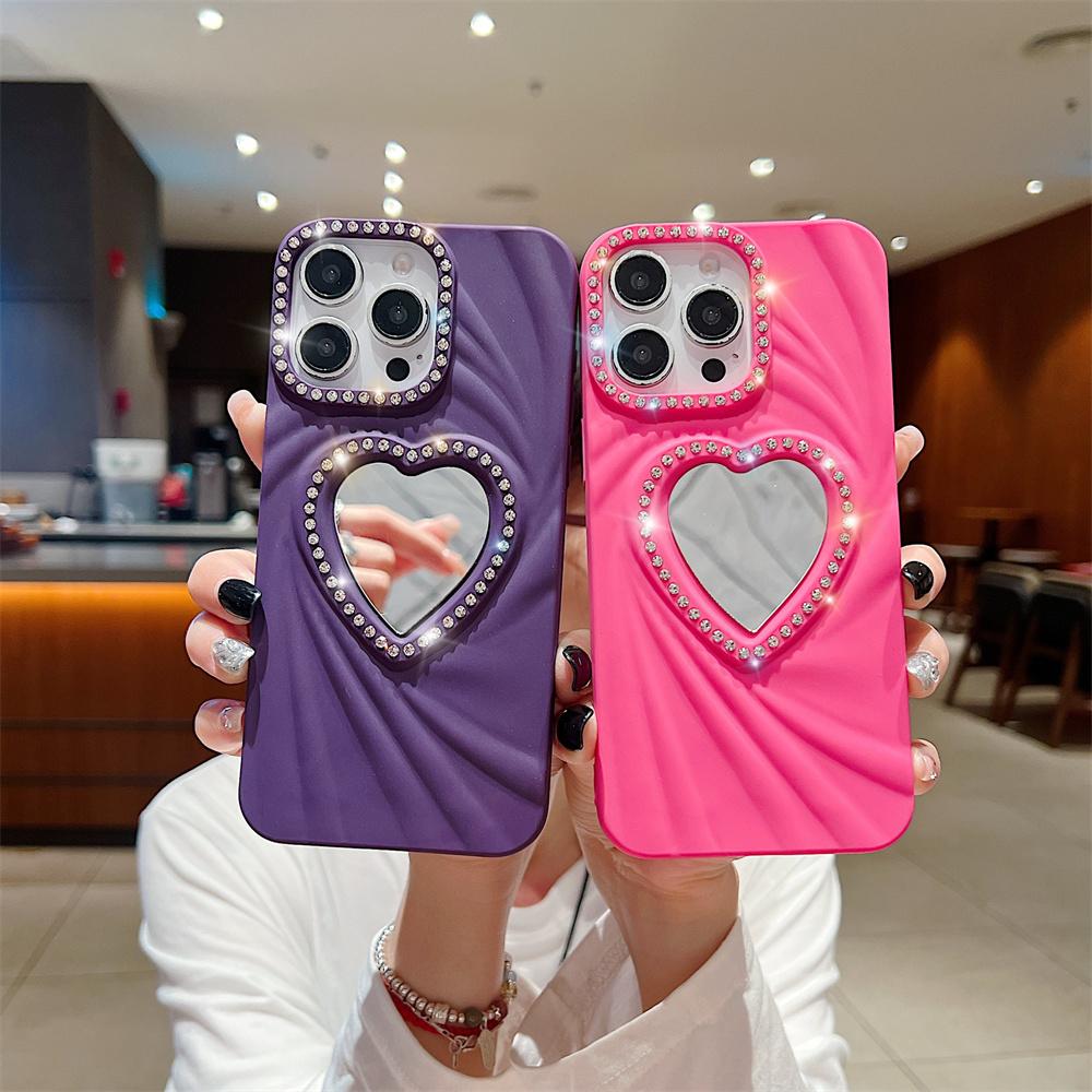 Fashion Women Girls Phone Case For iPhone 16E 16 Pro Max 7 8 X XR XS 11 12 13 14 15 Plus Heart Makeup Mirror Glitter Frame Cover