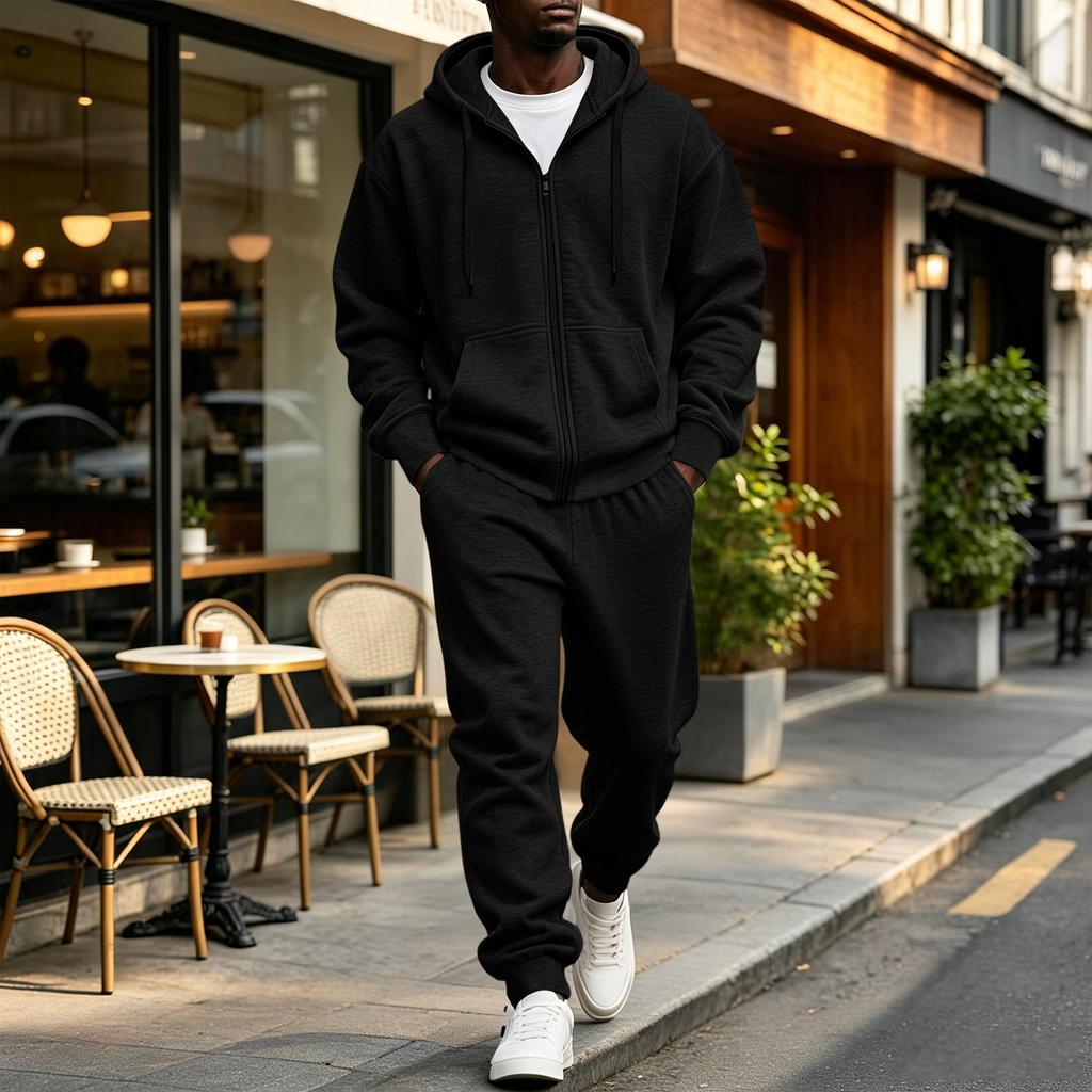 Completo con felpa con cappuccio e zip a contrasto e pantaloni della tuta con coulisse da uomo