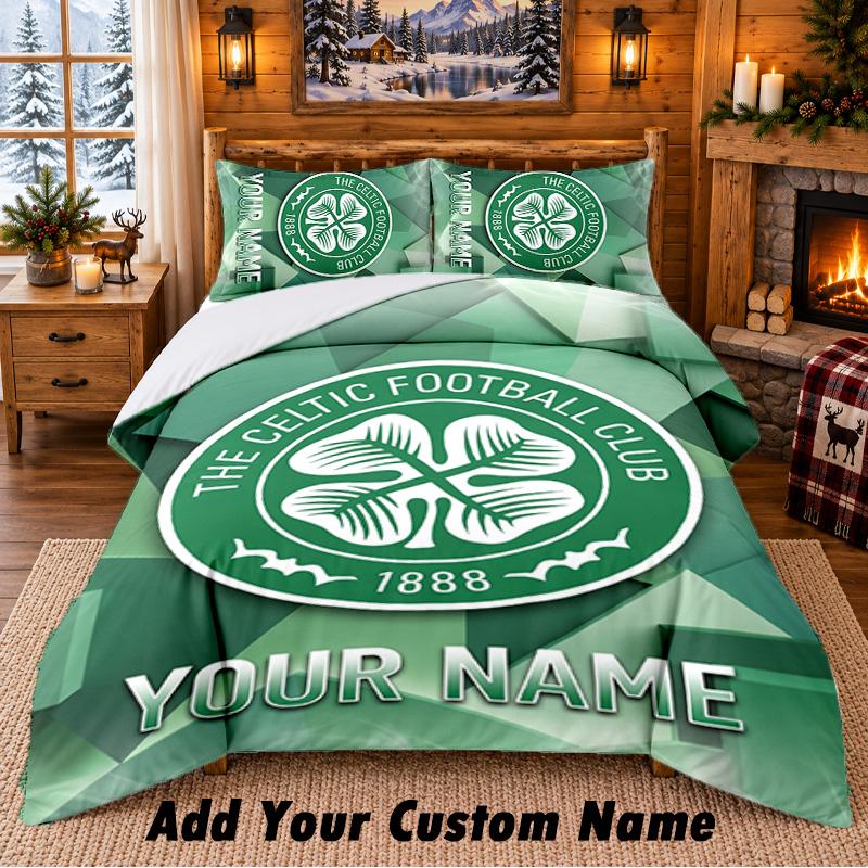 Celtic FC Pattern Bedding 3Pcs Set Custom Name, Bed Sheet And Pillowcases For Home Bedroom