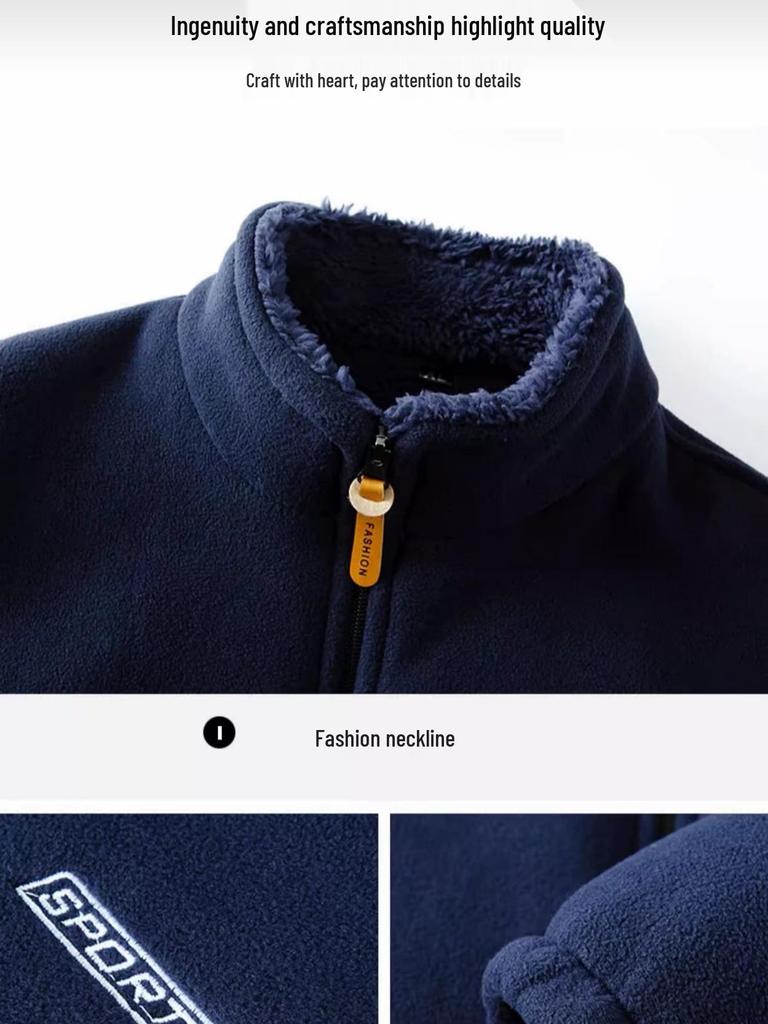 Plus Size Men's Outdoor Jacket - Thickened Velvet Lining, Solid Color, Autumn/Winter Casual Fleece