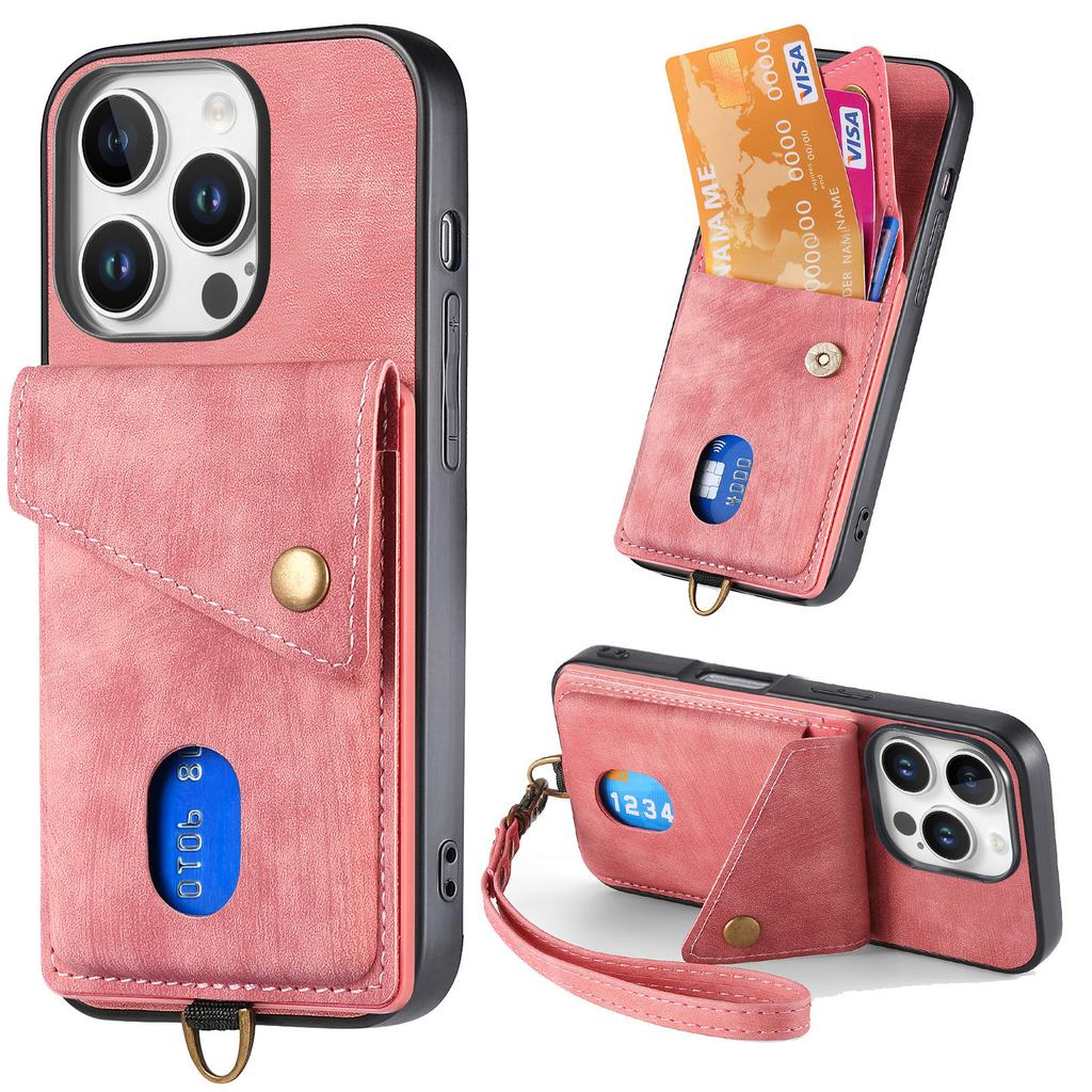 Kickstand Leather Wrist Strap Wallet with Card Holder Phone Case for iPhone 16 15 14 11 Pro Max XS XR 7 8 Plus 13 12 Mini Cover