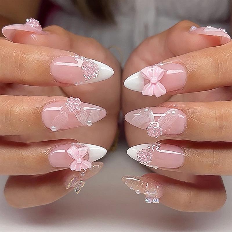 24Pcs Blush Pink Almond Press On Nails With 3D Bowknots Glossy Full Cover False Nail Tips Sweet For Women Girls