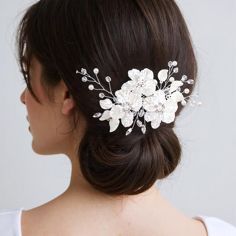 1Pc Headpiece Handwoven Bride Headwear Women White Flower Gift Hair Clip Crystal Jewelry Hair Accessories