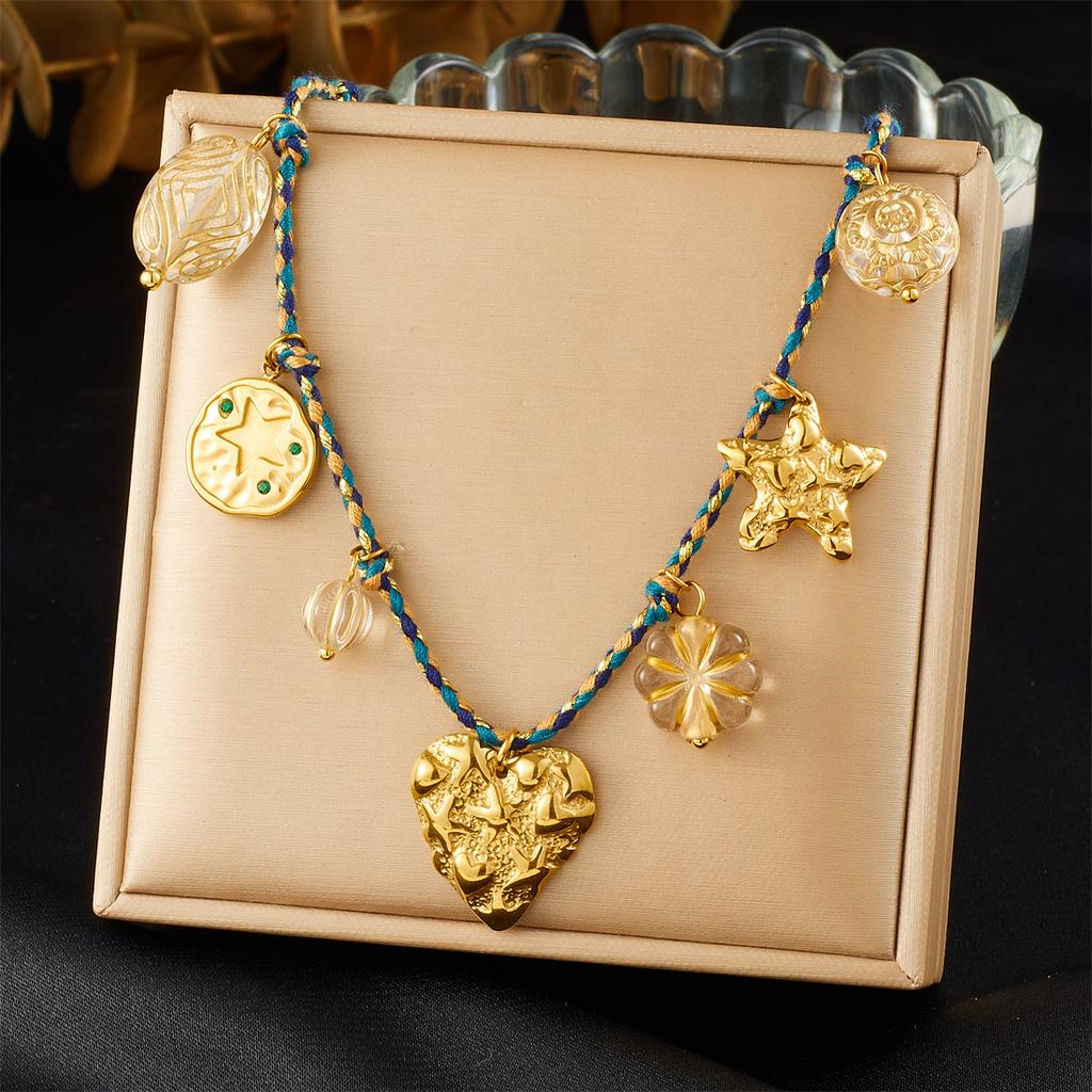DIEYURO 316L Stainless Steel Sun Flower Heart Crystal Multi Pendant Necklace Lady Vintage Colored Woven Rope Neck Chain Jewelry