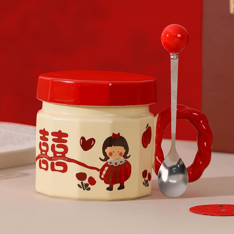 Ceramic mug souvenir, women's cup with lid, wedding gift for newlyweds, a pair of festive water cups for couples