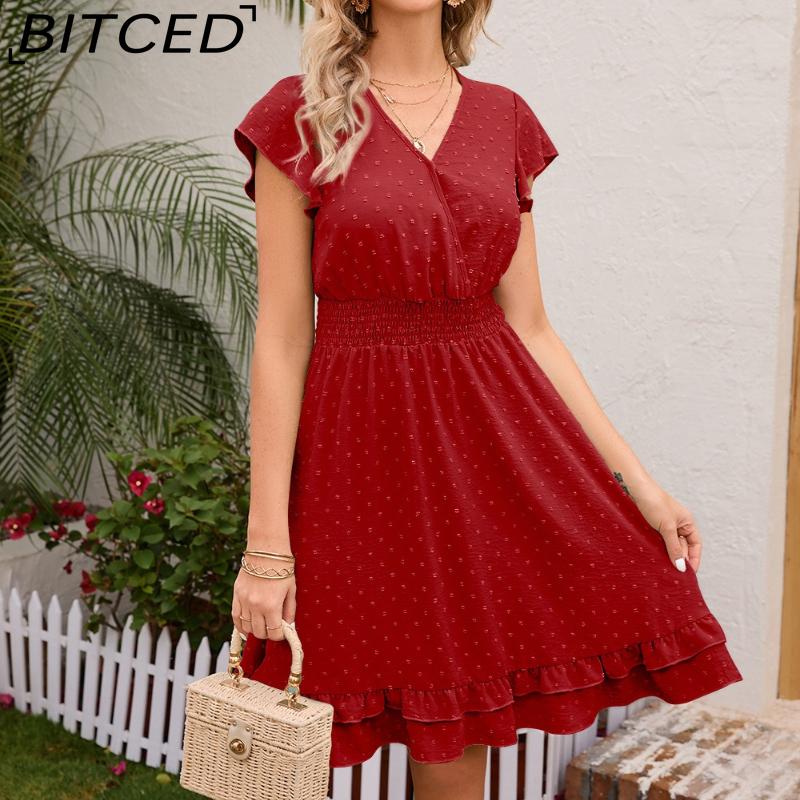 BITCED Women's Spring/Summer Waist-Defining V-Neck Dress Vacation Casual Short-Sleeve Slimming Dress