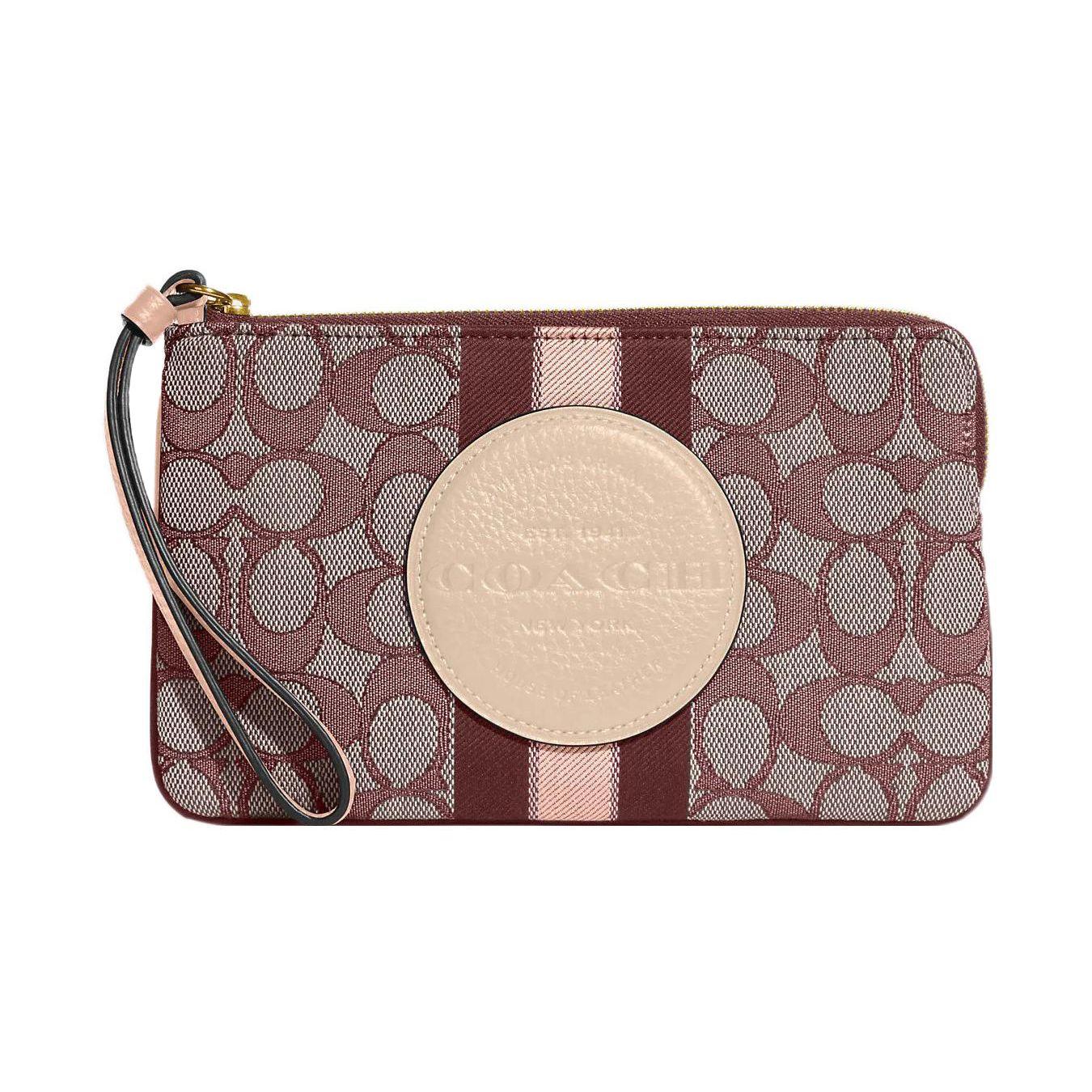 Coach Dempsey Classic Logo Stripe Jacquard Fabric And Pebble Leather Wristlet Large Women wristlet Red Brown C8841-IMMZI Basic Set (Bag+Dust Bag)