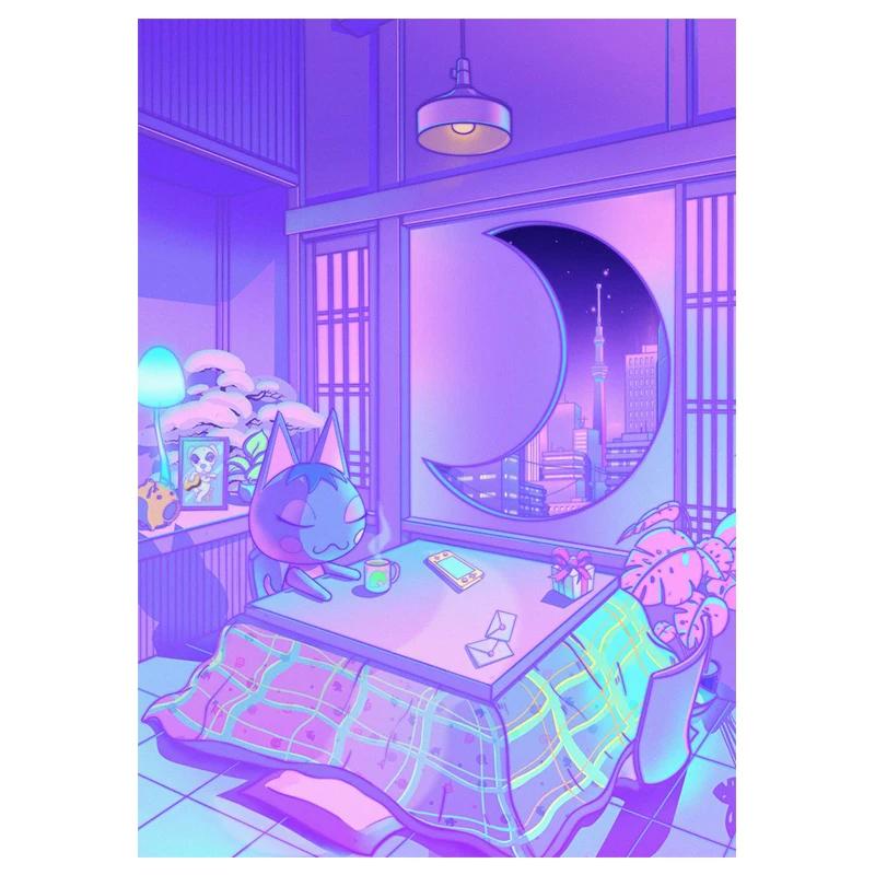 

Постер в стиле 80-х Vaporwave Настенное искусство Городская ночь Улица Кошка Холст Живопись Принт Домашнее украшение Кавайная комната Декор Холст Картина 8X12inch 20x30cm