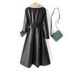 Womens Mid-Length PU Leather Trench Coat Over Knee Fall Winter Outerwear Elegant Office Style Plus Size
