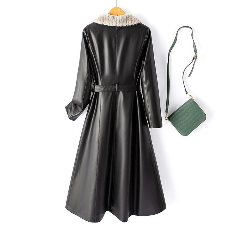 Womens Mid-Length PU Leather Trench Coat Over Knee Fall Winter Outerwear Elegant Office Style Plus Size