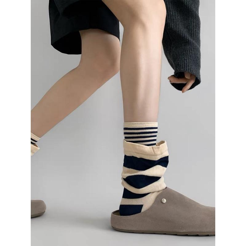 Women's Fall Fashion New Fake Two Stitching Striped Thin Tube Stack Socks