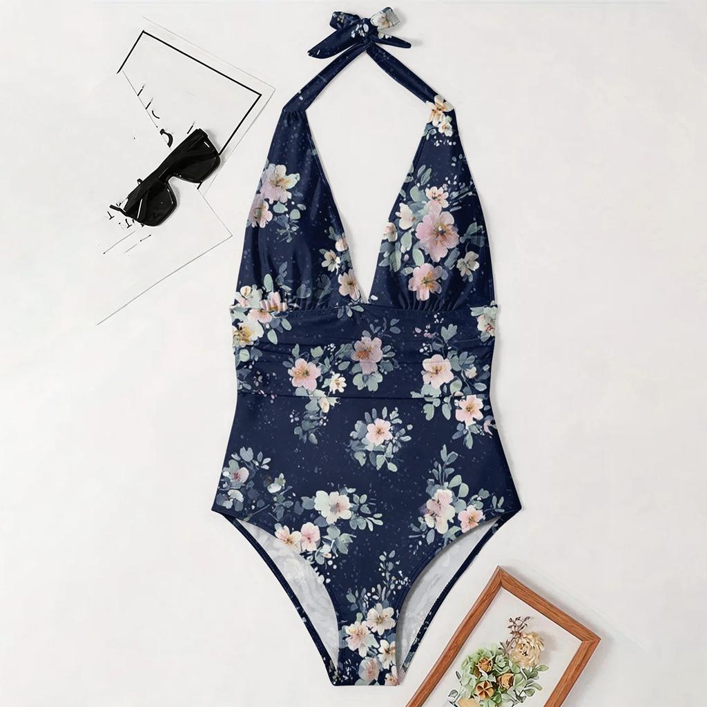Swimsuit for Women Neck Deep V Floral Print Bathing Suit Backless Swimwear for Beach Pool Vacation