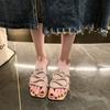 Slippers New Large Size Slippers Women's Rhinestone Flat Sandals Wear One Word Square Head Sandals