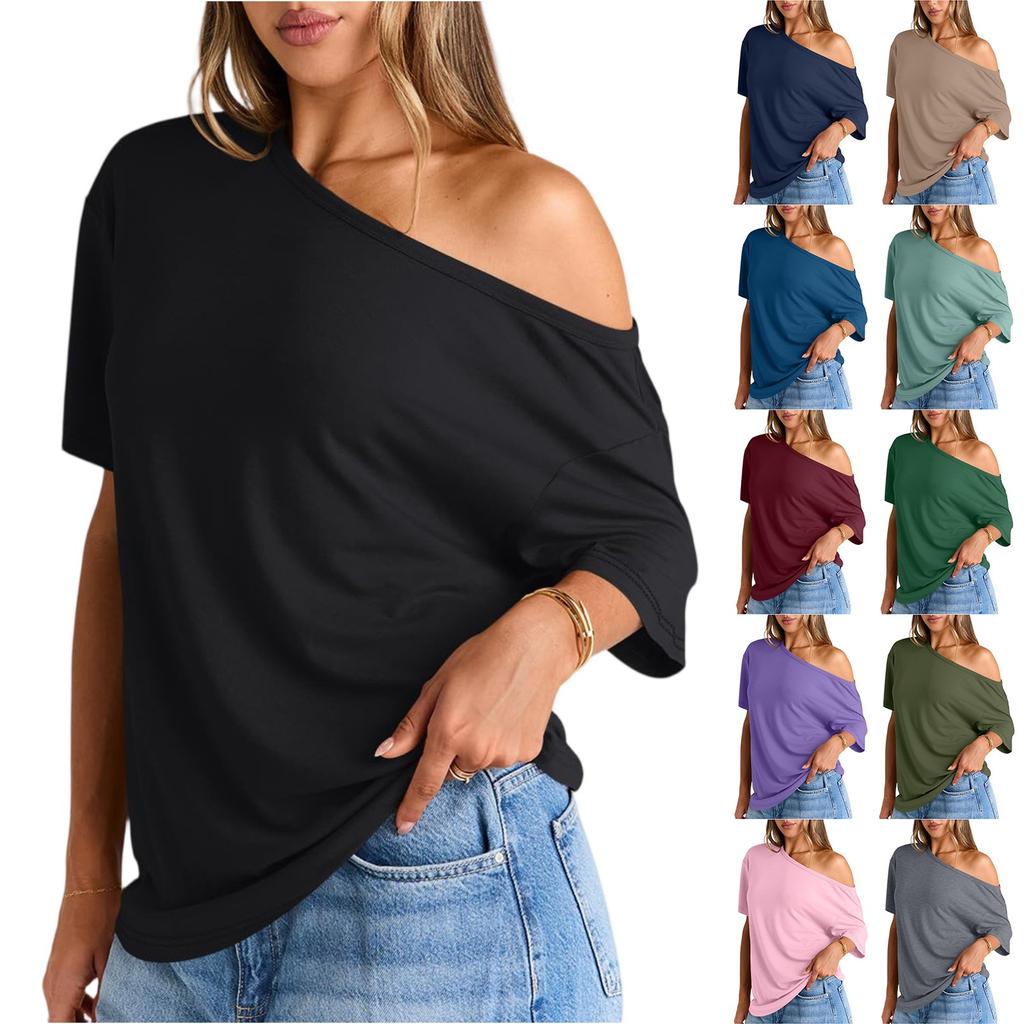 Women's Summer Fashion Strapless T-Shirt Solid Color Short Sleeve Casual Top