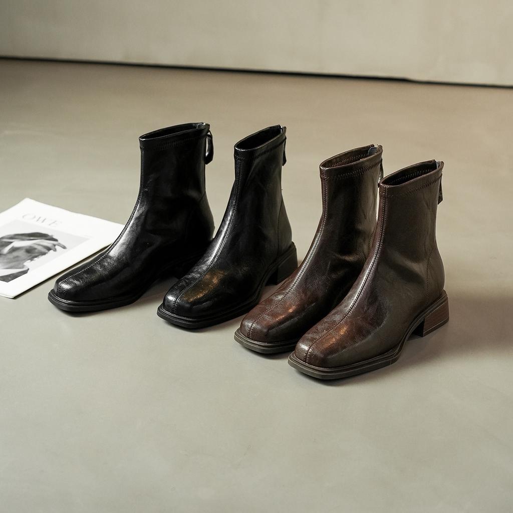 Retro square head elastic thin boots women's new thick heel short Chelsea boots versatile commuter leather boots