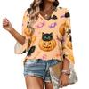Womens Halloween Print V Neck Three Quarter Sleeve Casual Top Lightweight Loose Fit Pullover Blouse for Autumn and Spring