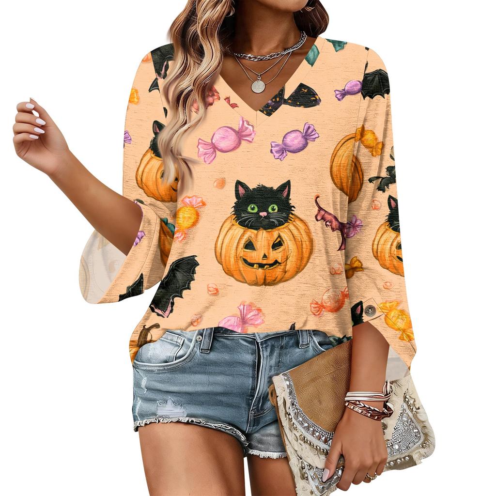 Womens Halloween Print V Neck Three Quarter Sleeve Casual Top Lightweight Loose Fit Pullover Blouse for Autumn and Spring