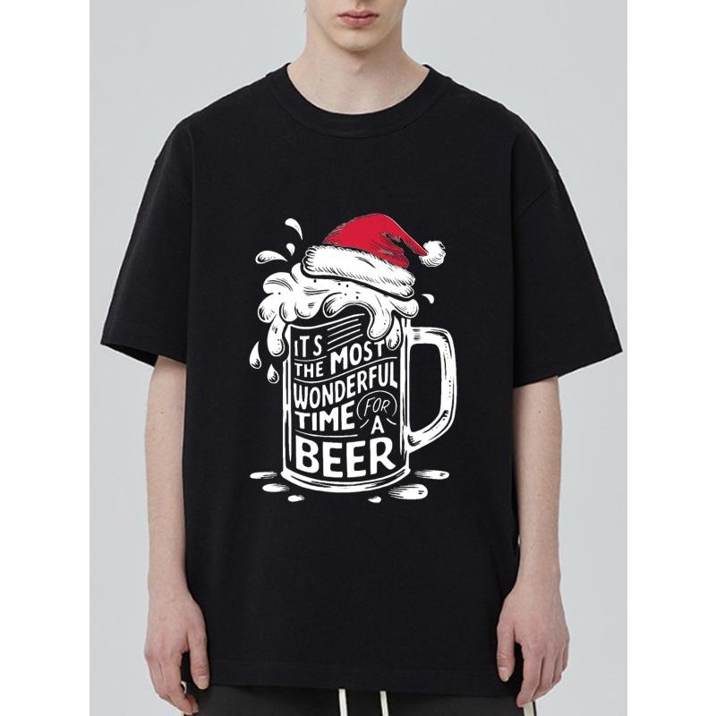 Men's Black T-Shirt Christmas Beer Mug With Santa Hat Print Its The Most Wonderful Time For A Beer Holiday Party Casual Wear
