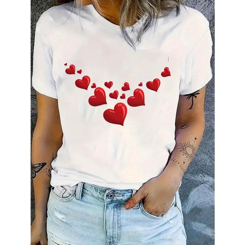 

Европейский размер Плюс размер, Шикарная белая женская футболка с принтом красного сердца - Повседневная, с круглым вырезом, с коротким рукавом, Идеально для весны и лета S белый