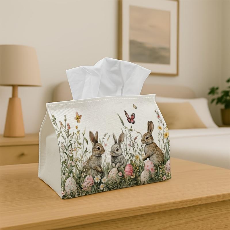 1pc Classic Botanical Pastoral Tissue Holder Featuring a Trio of Bunnies in a Meadow - A Decorative Storage Solution for Your Kitchen, Dining Area, Li