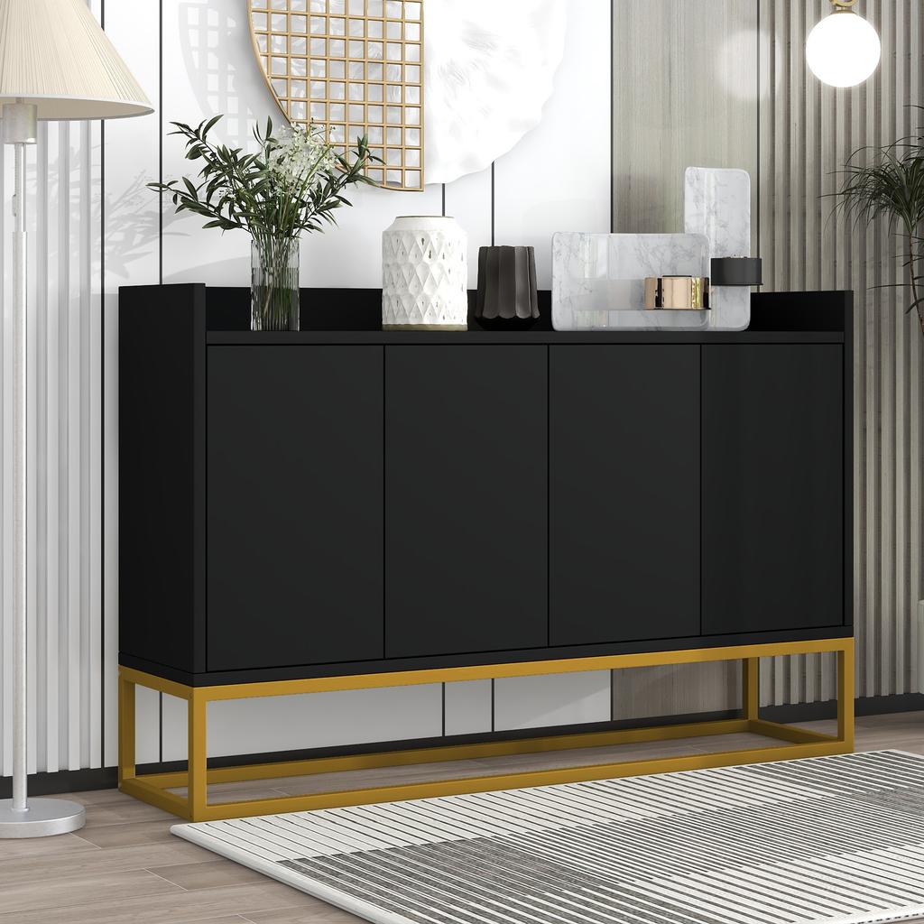 Modern Sideboard In Minimalist Style, 4-Door Handle-Free Buffet Cabinet for Dining Room, Living Room, Kitchen (Black)