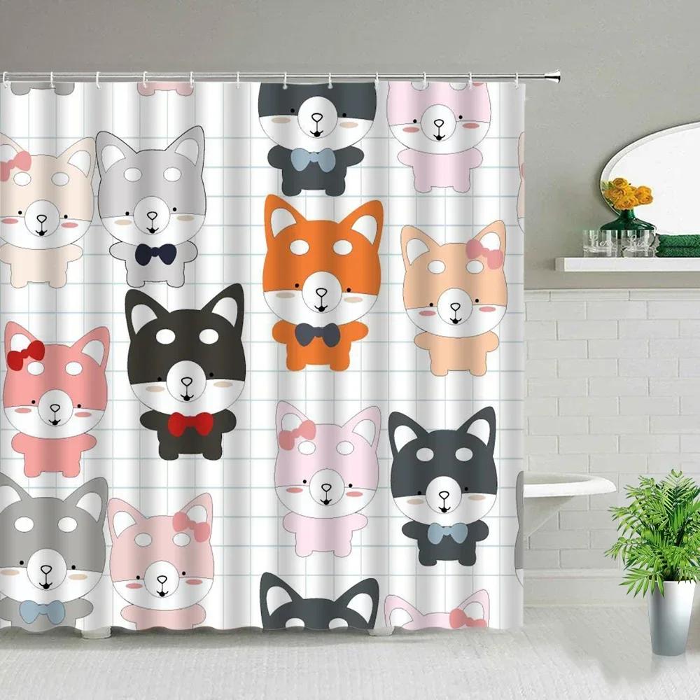 Funny Little Cat Dog Bathing Shower Curtain Cartoon Animals Printed Bathroom Curtain Set Waterproof Polyester Fabric Bath Screen