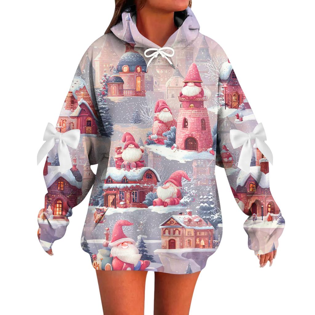 Ladies' Christmas Printed Bow Long Sleeved Loose Fitting Headband With Rope Hooded Sweatshirt Top