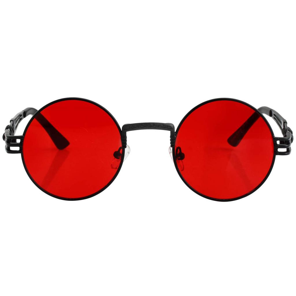 Kursan Round Sunglasses for Men and Hippie Retro Metal UV 400 A2 Black Size M Women, Glasses, Frame, Protection, Frame/Red Lens,